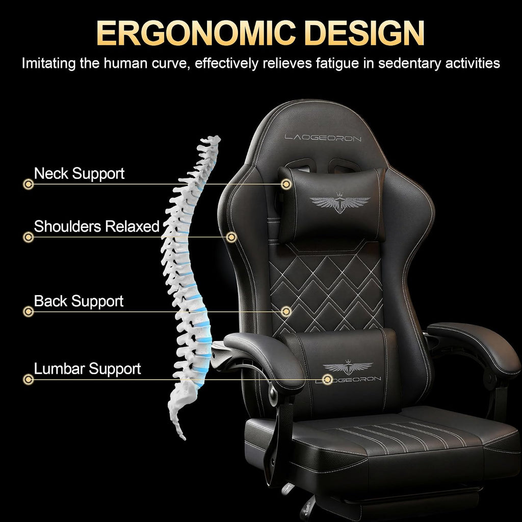 Ergonomic Gaming Chair with Retractable Footrest, High Back Video Game Chairs Computer Gaming Chairs with Headrest and Lumbar Support 400 lbs Linked Armrests Adult Chair (Black)