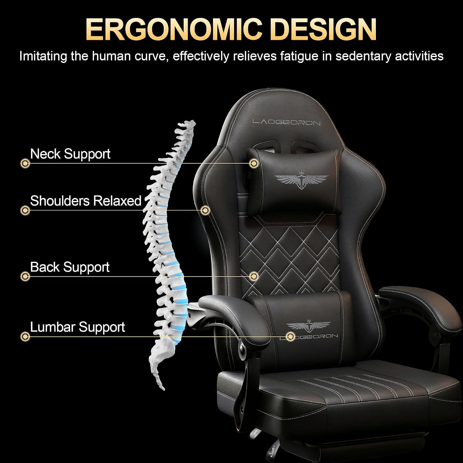 Ergonomic Gaming Chair with Retractable Footrest, High Back Video Game Chairs Computer Gaming Chairs with Headrest and Lumbar Support 400 lbs Linked Armrests Adult Chair (Black)