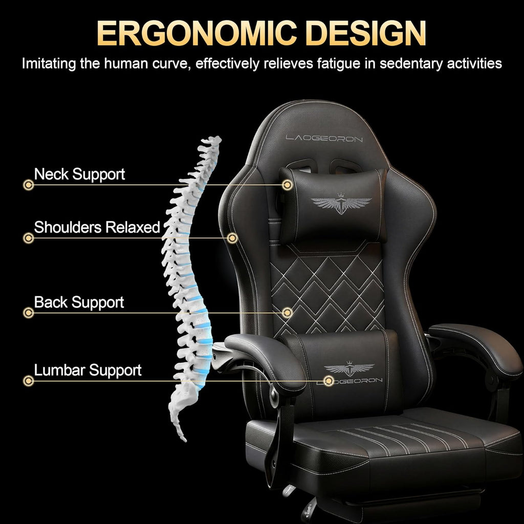 Ergonomic Gaming Chair with Retractable Footrest, High Back Video Game Chairs Computer Gaming Chairs with Headrest and Lumbar Support 400 lbs Linked Armrests Adult Chair (Black)