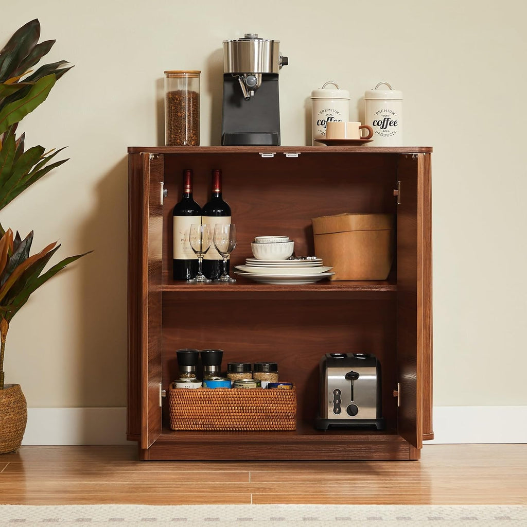 Buffet Cabinet with Curved Wave Design, Multi-Functional Sideboard with Adjustable Shelf for Living Room, Dining Room, and Entryway Storage, 31.5x31.5x15.75 Inch (Walnut)
