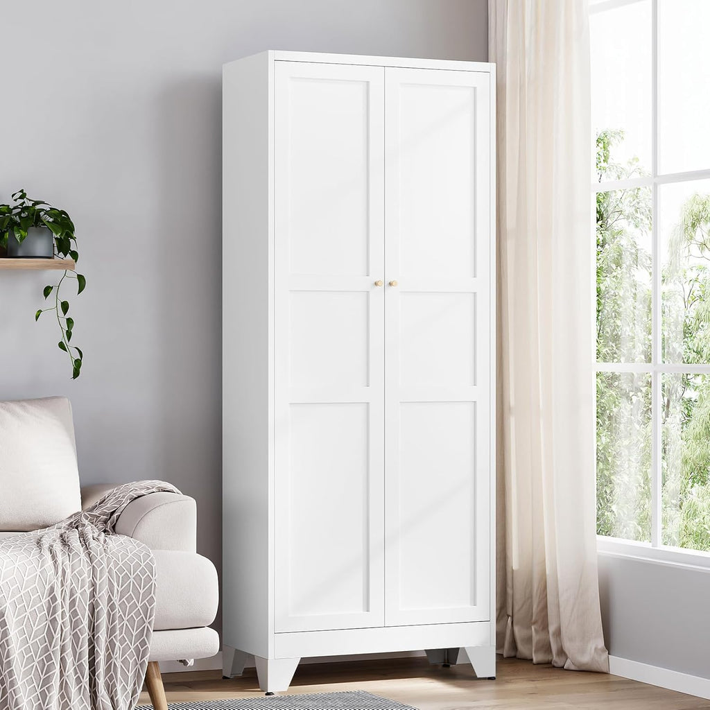 Metal Pantry Cabinet 75" with 2 Doors and 4 Adjustable Shelves, Freestanding Kitchen Cupboard Storage Cabinet for Dining Room, Living Room or Bathroom, White