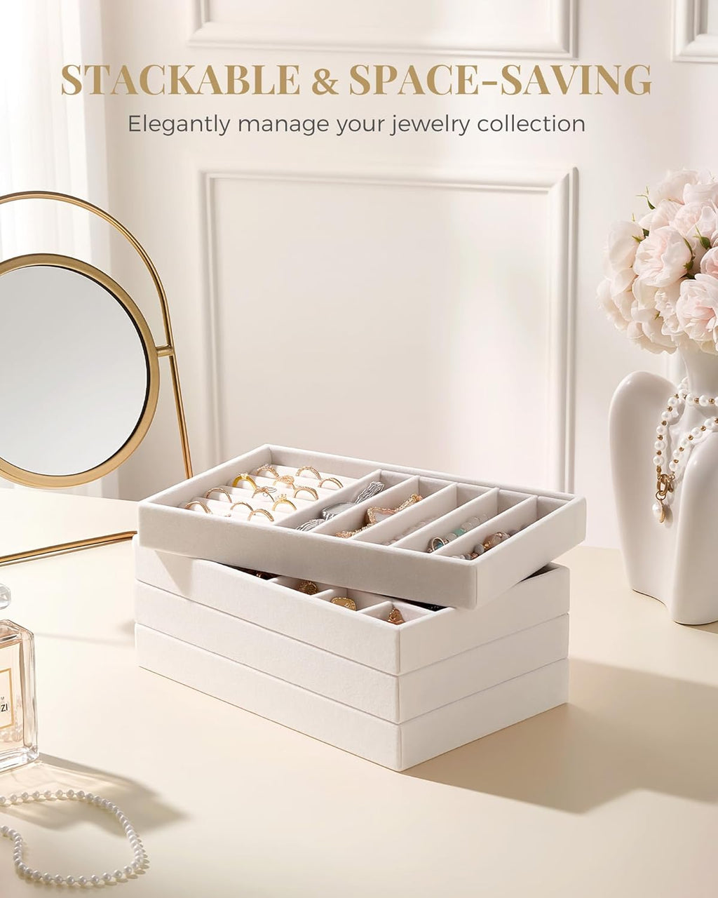 Lolalet Jewelry Drawer Organizer Inserts, Stackable Velvet Tray Jewelry Storage Organizers Set Display Cases for Necklaces Bracelets Earrings Rings Chains Bangles Watches, Beige, Set of 4