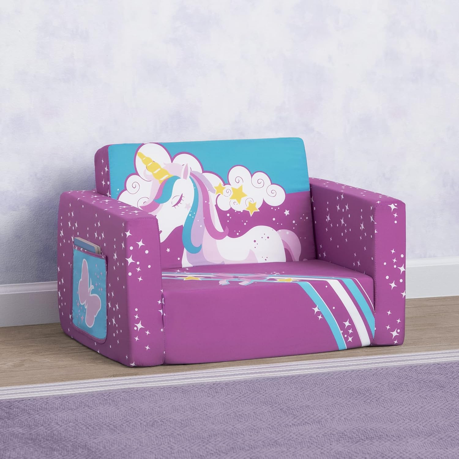 Delta Children Cozee Kids Couch 2-Seater Kids Sofa, Convertible 2-in-1 Flip Open Toddler Couch Sleeper, Foam Chair for Playroom & Bedroom, Bed Lounger, Comfy Play Sleeping Lounge Chair, Unicorn