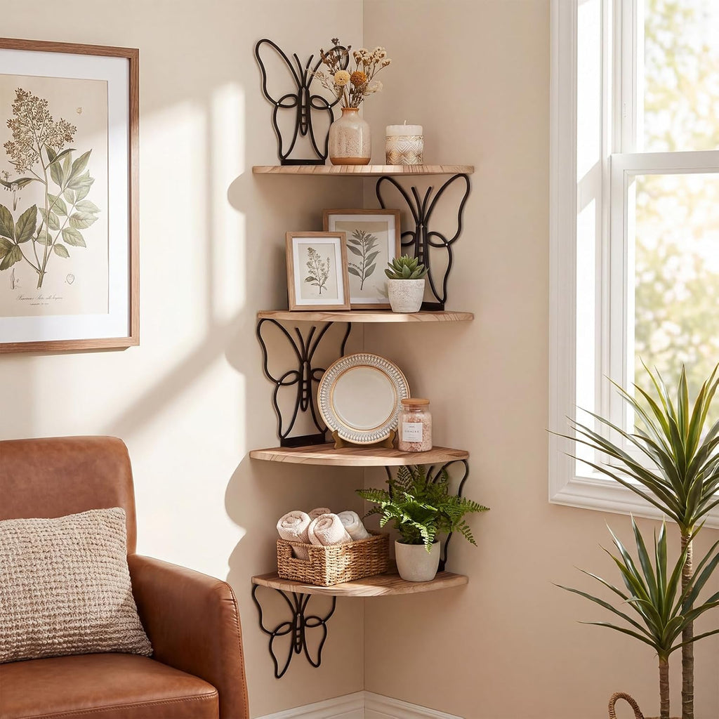 4 Tier Black Butterfly Wall Mount Corner Shelves Floating Corner Storage Wood Shelves Decorative Rustic Butterfly Wall Decor for Bedroom Living Room Bathroom Home Kitchen