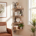 4 Tier Black Butterfly Wall Mount Corner Shelves Floating Corner Storage Wood Shelves Decorative Rustic Butterfly Wall Decor for Bedroom Living Room Bathroom Home Kitchen