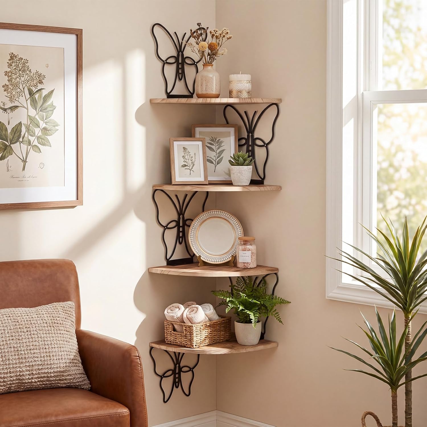 4 Tier Black Butterfly Wall Mount Corner Shelves Floating Corner Storage Wood Shelves Decorative Rustic Butterfly Wall Decor for Bedroom Living Room Bathroom Home Kitchen