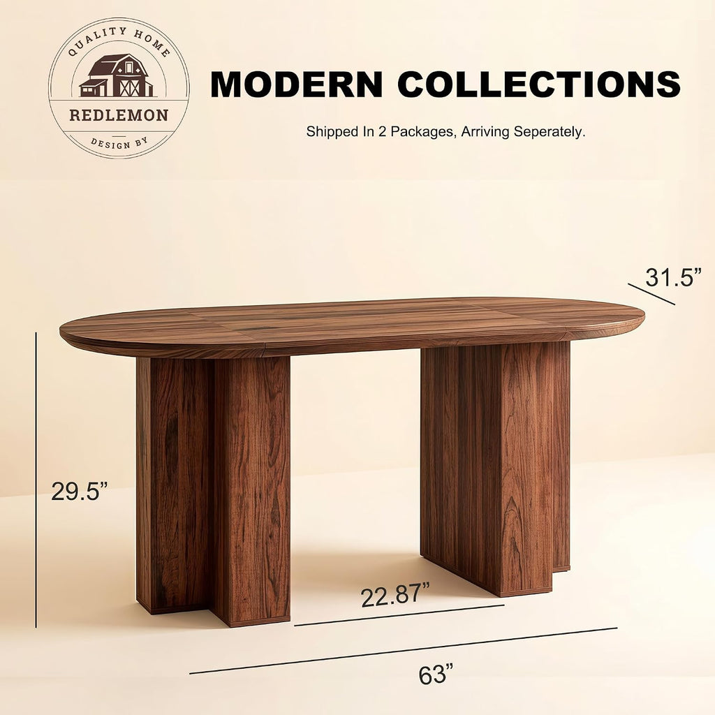 RedLemon 63" Oval Dining Table for 4-6 People, Wood Kitchen Table with Thick Stable T-Shaped Base & Curved Edge, Modern Dinner Table for Dining Room, Kitchen, Rustic Walnut