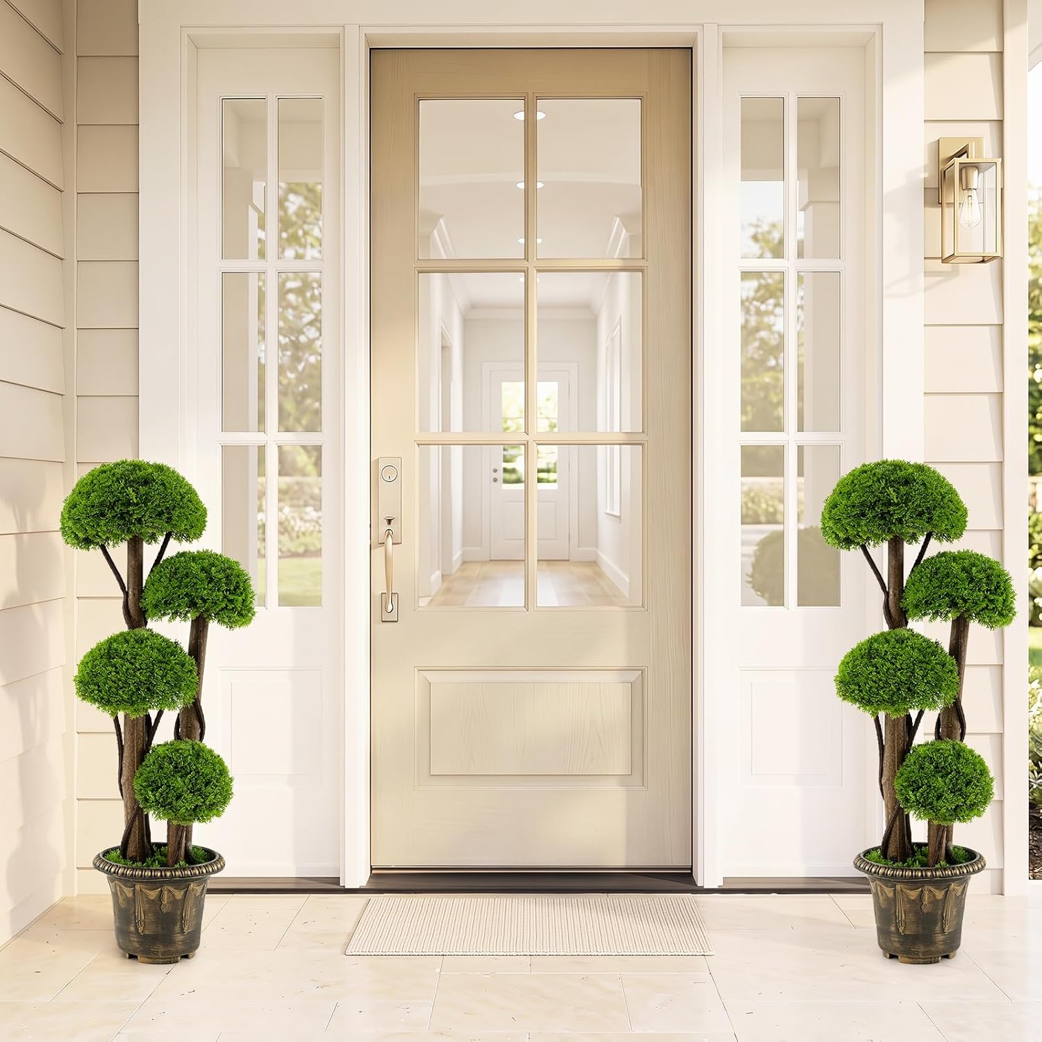 Goplus 3 FT Artificial Cypress Topiary Ball Tree, Faux Greenery Plant with Cement-Filled Planter, Vines, Real Wood Trunks, Indoor Outdoor Fake Shrub Plant for Office Home Front Porch Decor (2 Pack)
