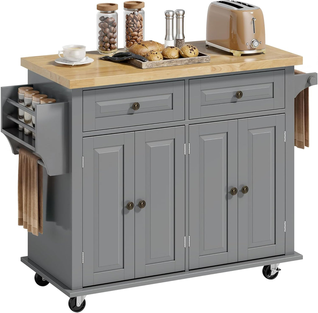 HOMCOM Kitchen Island Cart with Solid Wood Top 44" Mobile Gray | Kitchen Island Table, on Wheels, Storage Cabinets, 2 Drawers, Adjustable Shelves, Spice Rack & Towel Bar, for Dining Room
