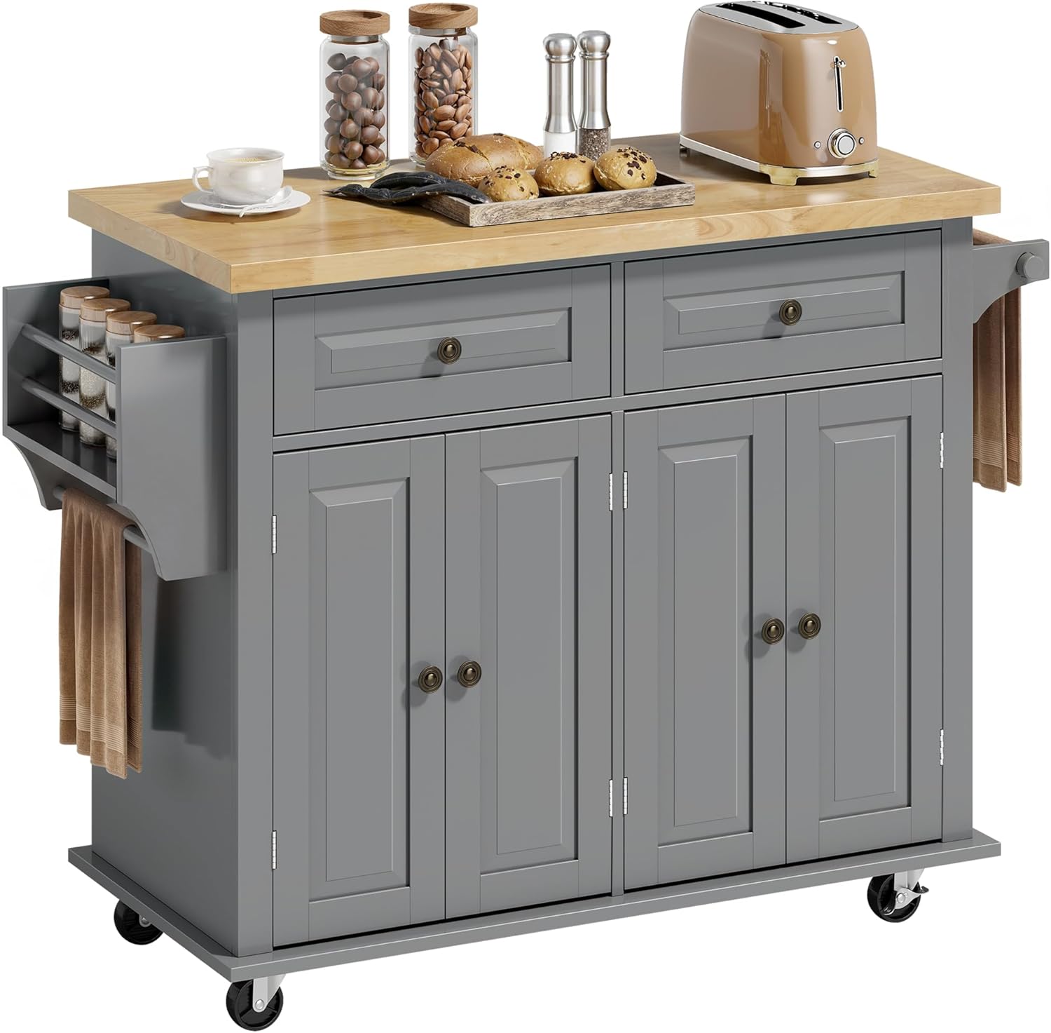 HOMCOM Kitchen Island Cart with Solid Wood Top 44" Mobile Gray | Kitchen Island Table, on Wheels, Storage Cabinets, 2 Drawers, Adjustable Shelves, Spice Rack & Towel Bar, for Dining Room