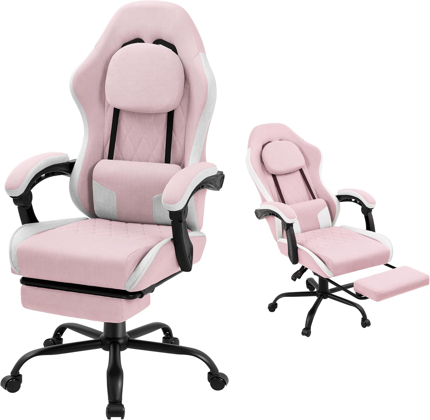 Gaming Chair for Adults, Fabric Gaming Chair with Footrest and Pocket Spring Cushion, Ergonomic Gamer Chair with Lumbar Support, Reclining Computer Gaming Chair with High Back, Pink