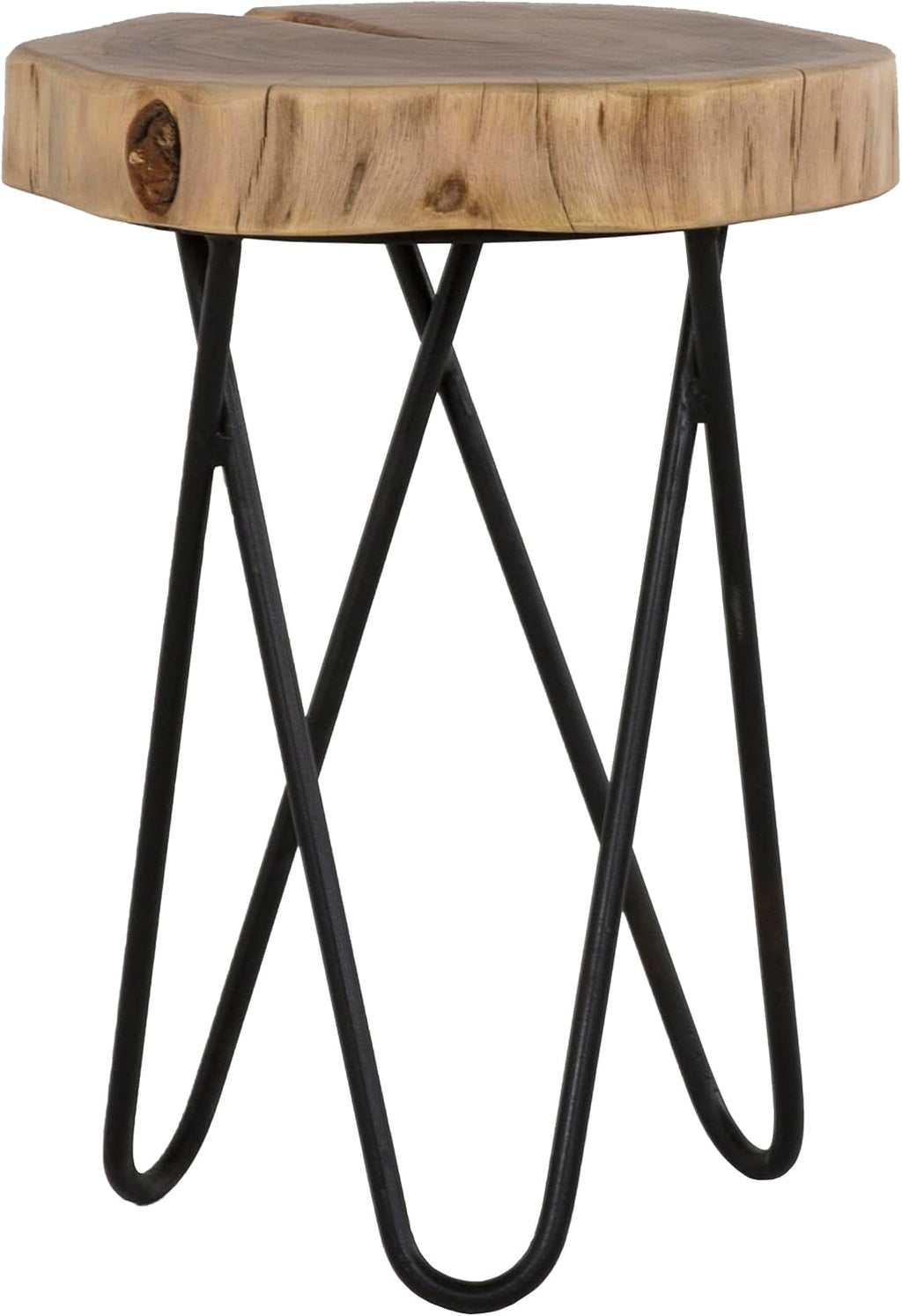 12" Wood End,Side Table, Living Room Accent Stool, Iron Legs, Home Décor, Brown,Black