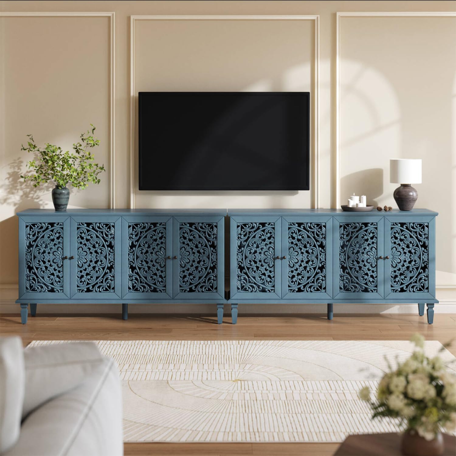Sideboard Buffet Credenza Cabinet, 4-Door Hollow-Carved Accent Buffet, 60" Large Vintage Distressed Sideboard Storage Cabinet for Kitchen, Living Room,Entryway, Blue