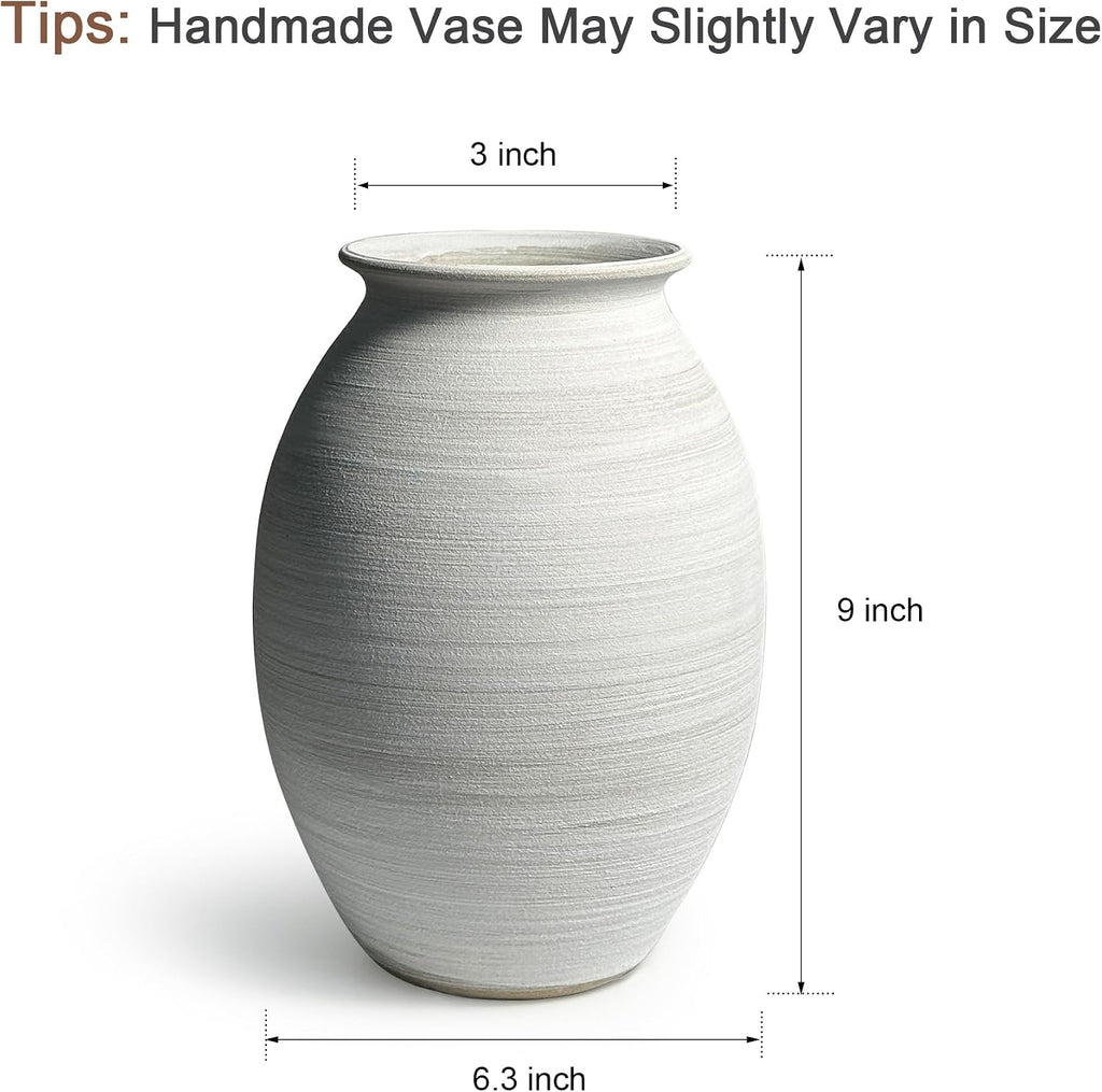 GeLive 9 Inch Textured Matte White Bulbous Ceramic Vase, Handmade Rustic Farmhouse Pottery, Boho Wabi Sabi Minimalist Neutral Centerpiece for Fresh & Dried Flowers, Living Room, Kitchen, Mantel Decor