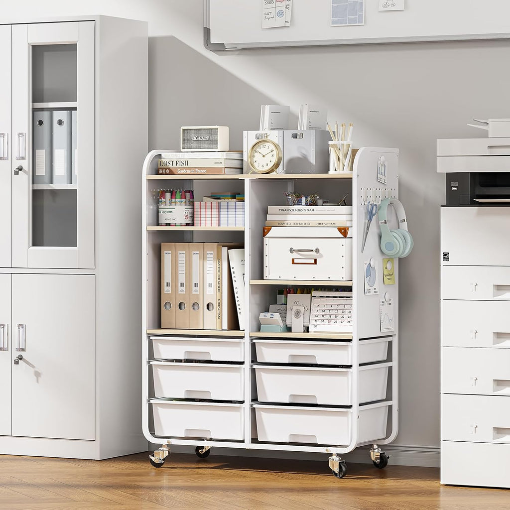 6-Drawer Rolling Storage Cabinet with Wooden Top & Pegboards，Utility Craft Cart with 2 Adjustable Shelves and Lockable Wheels,Mobile Organizer for School Dorm,Classroom,Artroom,Craftroom (White)