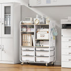 6-Drawer Rolling Storage Cabinet with Wooden Top & Pegboards，Utility Craft Cart with 2 Adjustable Shelves and Lockable Wheels,Mobile Organizer for School Dorm,Classroom,Artroom,Craftroom (White)