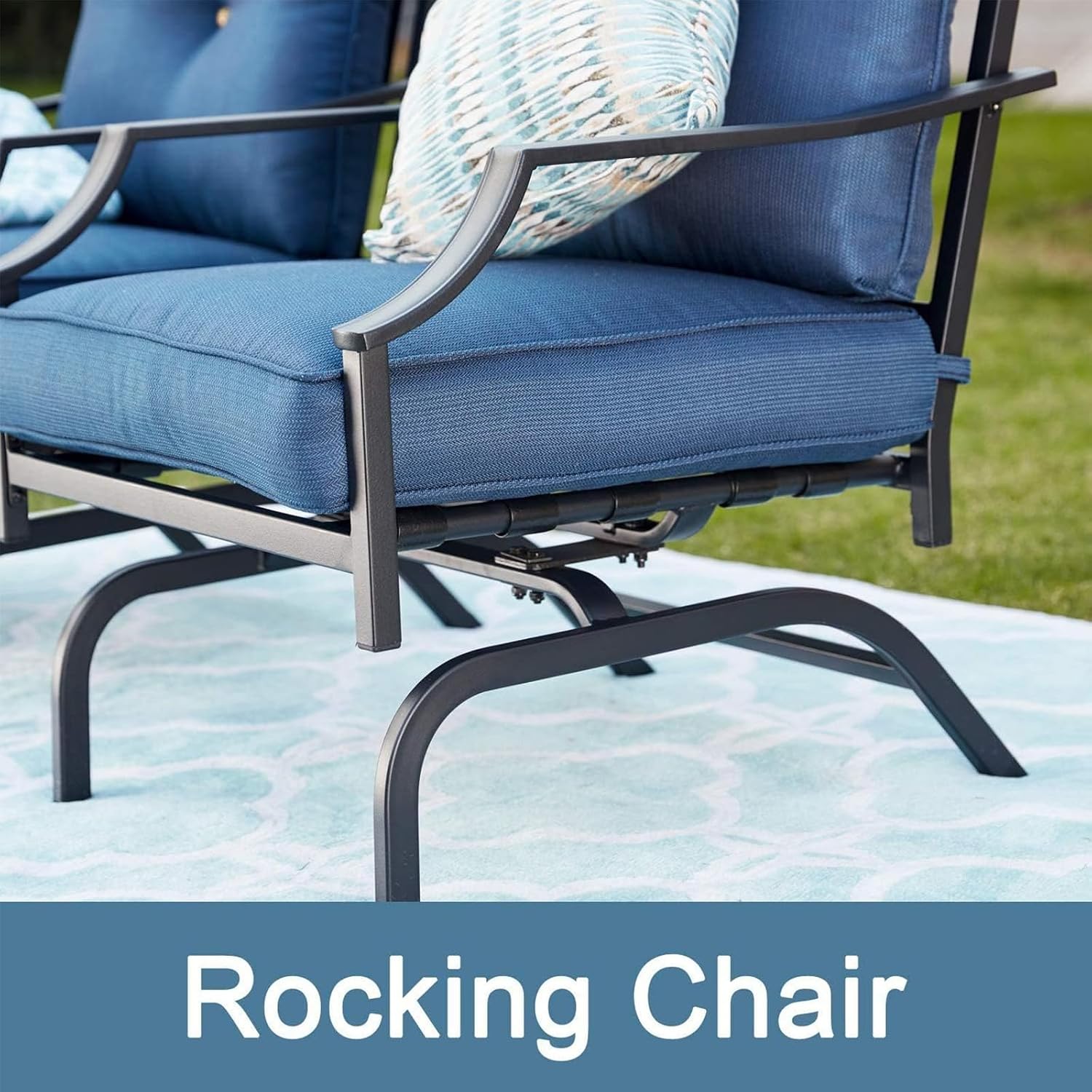 Top Space Rocking Patio Chairs Outdoor Metal Furniture Motion Spring Chair Black Dining Bistro Set with Padded Cushion for Garden Balcony Porch
