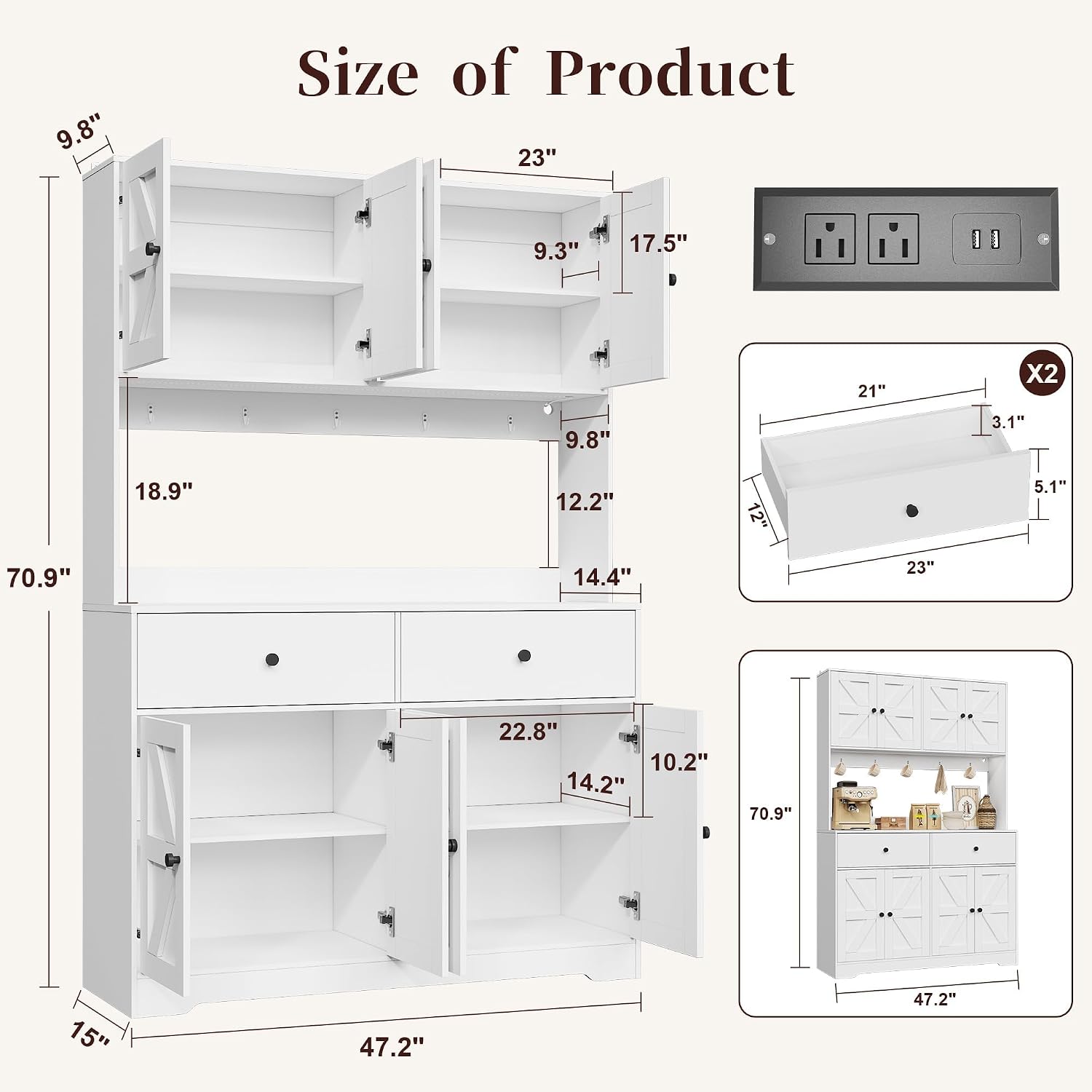 71" Kitchen Pantry Cabinet with Charging Station, Pantry Storage Cabinet Farmhouse Kitchen Hutch with Microwave Stand, Coffee Bar Station with Doors and Adjustable Shelves for Kitchen, White
