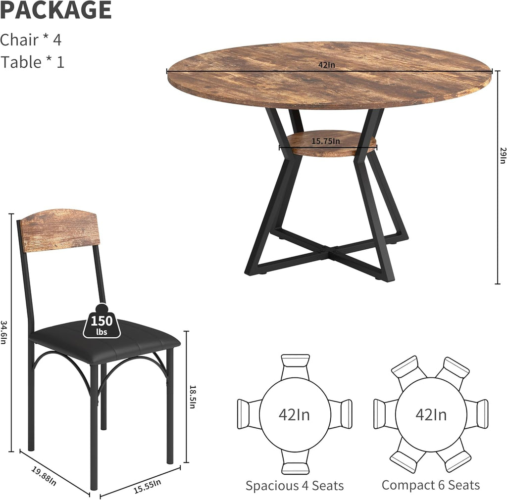 42'' Round Dining Table Set for 4, Space Saving Wood Kitchen Table and Chairs Set for 4 with Faux Leather Chairs, Extra Storage, Vintage Brown