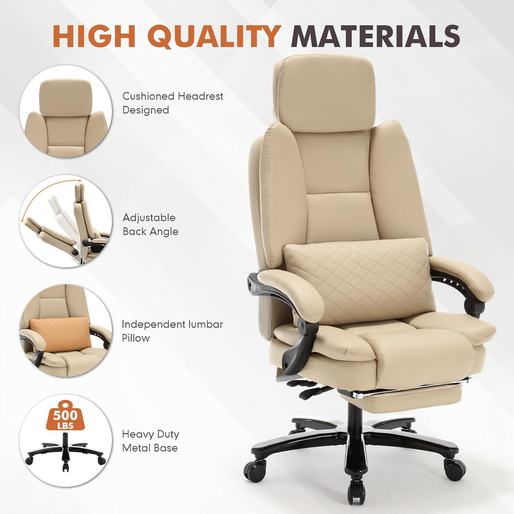 500lbs Plus Size Office Chair with Lumbar Support, PU Leather Big and Tall Heavy Duty Reclining Office Desk Chair with Foot Rest,Beige