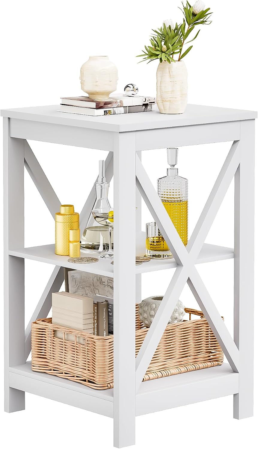 SEJOV Side Table for Living Room, White End Table with 3-Tier Storage Shelves X-Design Night Stand for Small Spaces Farmhouse Wooden Nightstand for Bedroom Bed Side Office