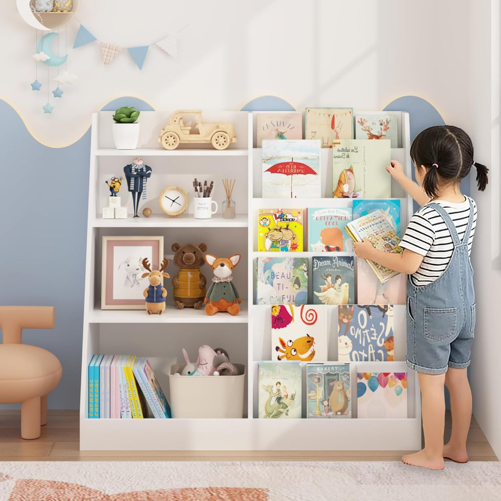 6 Tier Kids Wooden Bookshelf and Toy Storage, Children Toy Organizer with Book Shelves, Easy Assembly, Toddler BookRack Baby Bookcase for Nursery, Playroom and Classroom, White (White)
