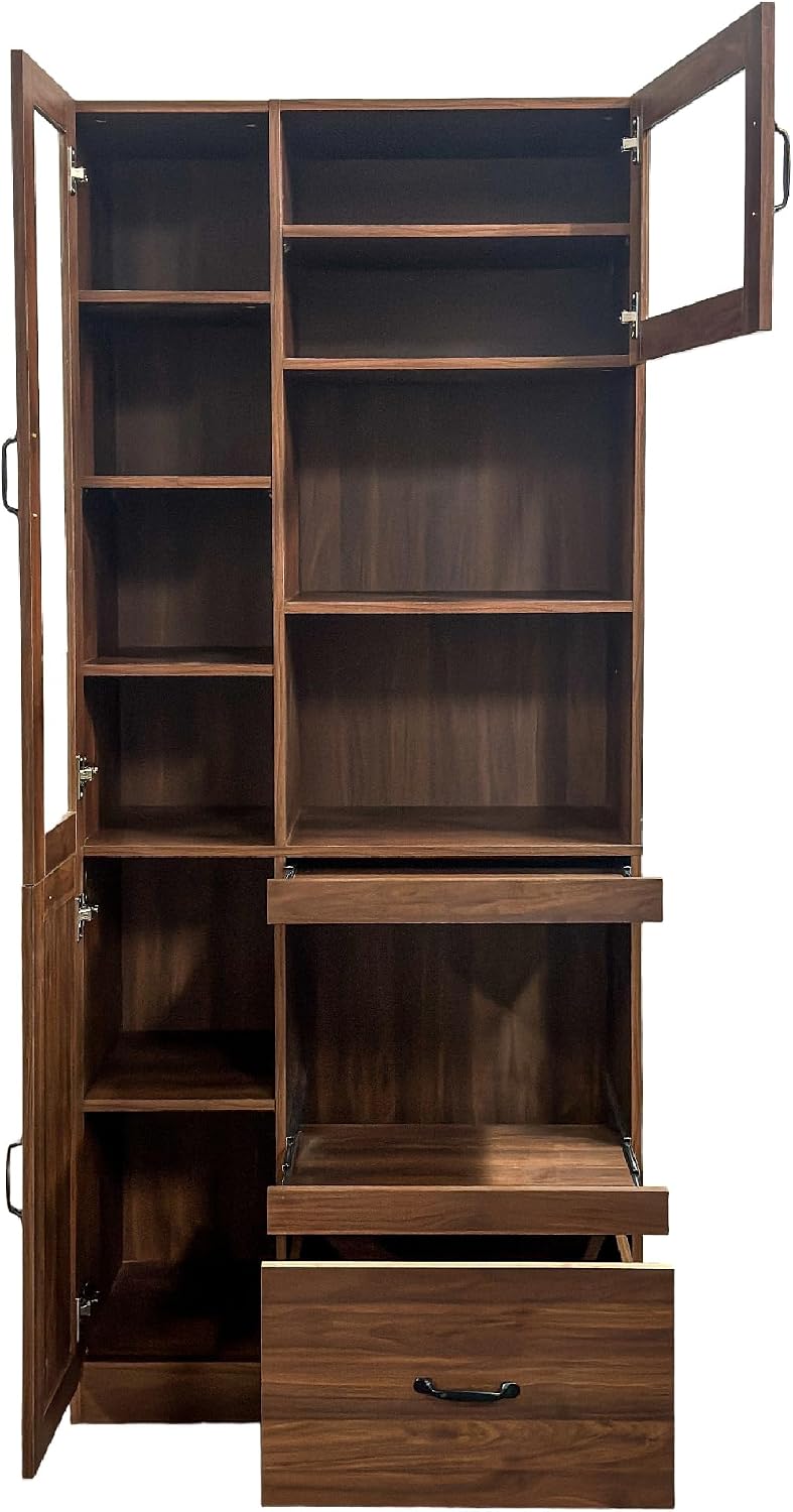 70.87" Tall Kitchen Pantry Storage Cabinet with Pull-out Trays, Farmhouse Hutch Cupboard with 3 Doors, Open Shelves and Drawer, Coffee Bar Cabinet with Microwave Stand for Dining Room, Coffee Bar