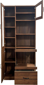 Walnut Kitchen Hutch Cabinet, Farmhouse Buffet Sideboard with Coffee Bar | Slide out tray, clear glass doors, open microwave counter, large bottom drawer, tall pantry cupboard, storage unit