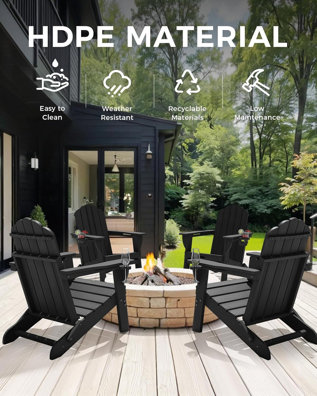 Folding Adirondack Chair, All-Weather HDPE Plastic Patio Chair with 2 Cup Holders, Wooden Textured Lawn Chair, Perfect for Fire Pit,Black