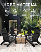 Folding Adirondack Chair, All-Weather HDPE Plastic Patio Chair with 2 Cup Holders, Wooden Textured Lawn Chair, Perfect for Fire Pit,Black