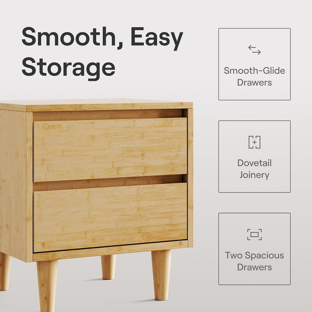 Nectar Bamboo Nightstand, Natural, 23" Height, Japanese Joinery | Bamboo Wood, Artisinal Japense Joinery, 2-Smooth Gliding Drawers, No-Tool Assembly