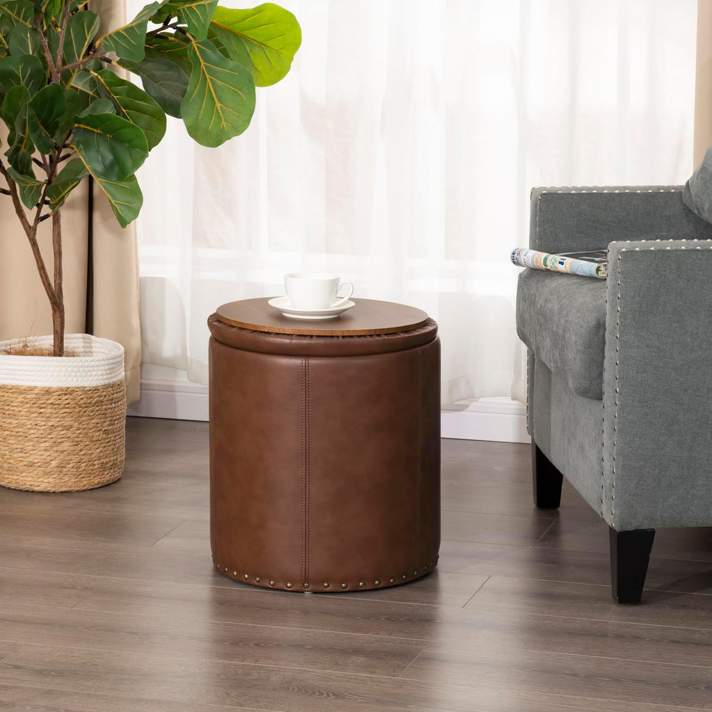 Adeco Brown Upholstered Round Faux Leather Storage Ottoman with Tray Lid | Tufted Foot Rest Ottoman for Living Room & Bedroom | Decorative Home Furniture
