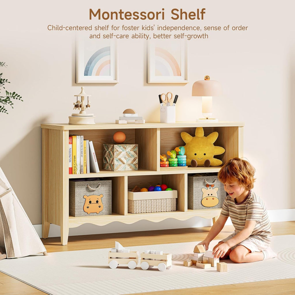 ONBRILL Montessori Shelf, 5 Cube Toy Storage Organizer with Wave Design, Safe Wooden Kid Toy Organizer Cabinet, Kids Bookshelf & Bookcase for Nursery Kids Room Playroom Bedroom Living Room Nursery