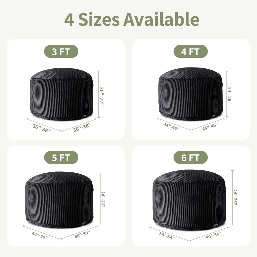 3FT Bean Bag Chairs for Adults, Medium Memory Foam Beanbags with Machine-Washable Wide Stripe Plush Cover Bean Bag Chair for Living Room Bedroom Dorm Office-Jet Black