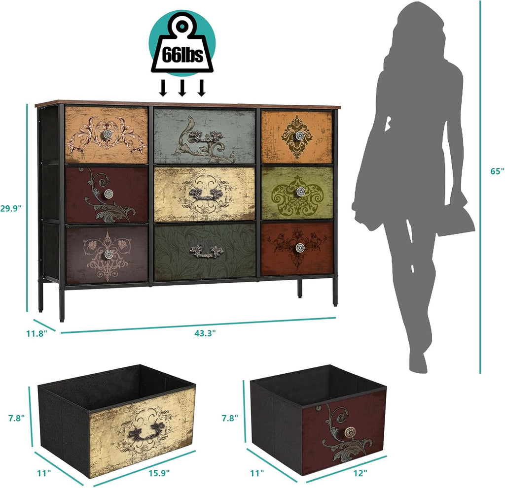 VASICAR Dresser for Bedroom with 9 Deep Fabric Drawers, Wide TV Stand | Horizontal Storage Cabinet, Colorful Chest of Drawers for Closet, Nursery, Entryway, Hallway, Laundry Room