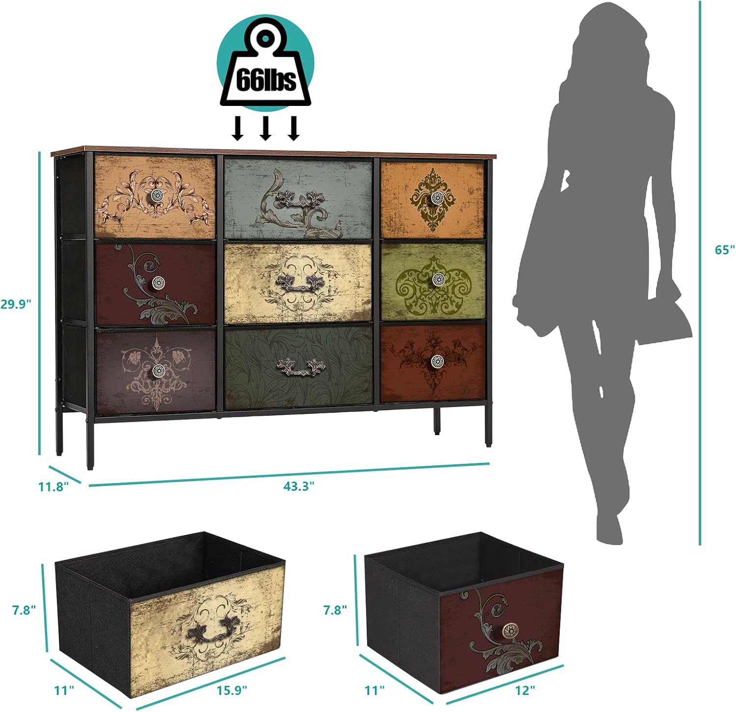 VASICAR Dresser for Bedroom with 9 Deep Fabric Drawers, Wide TV Stand | Horizontal Storage Cabinet, Colorful Chest of Drawers for Closet, Nursery, Entryway, Hallway, Laundry Room