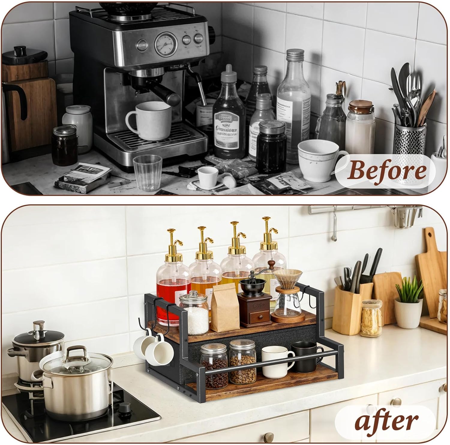 2-Tier Coffee Syrup Organizer Rack, Holds 12 Bottles Syrup Rack with Coffee Capsules Storage Drawer, Kitchen Countertop Organizer for Coffee Bar Station, Home, Wine Rack