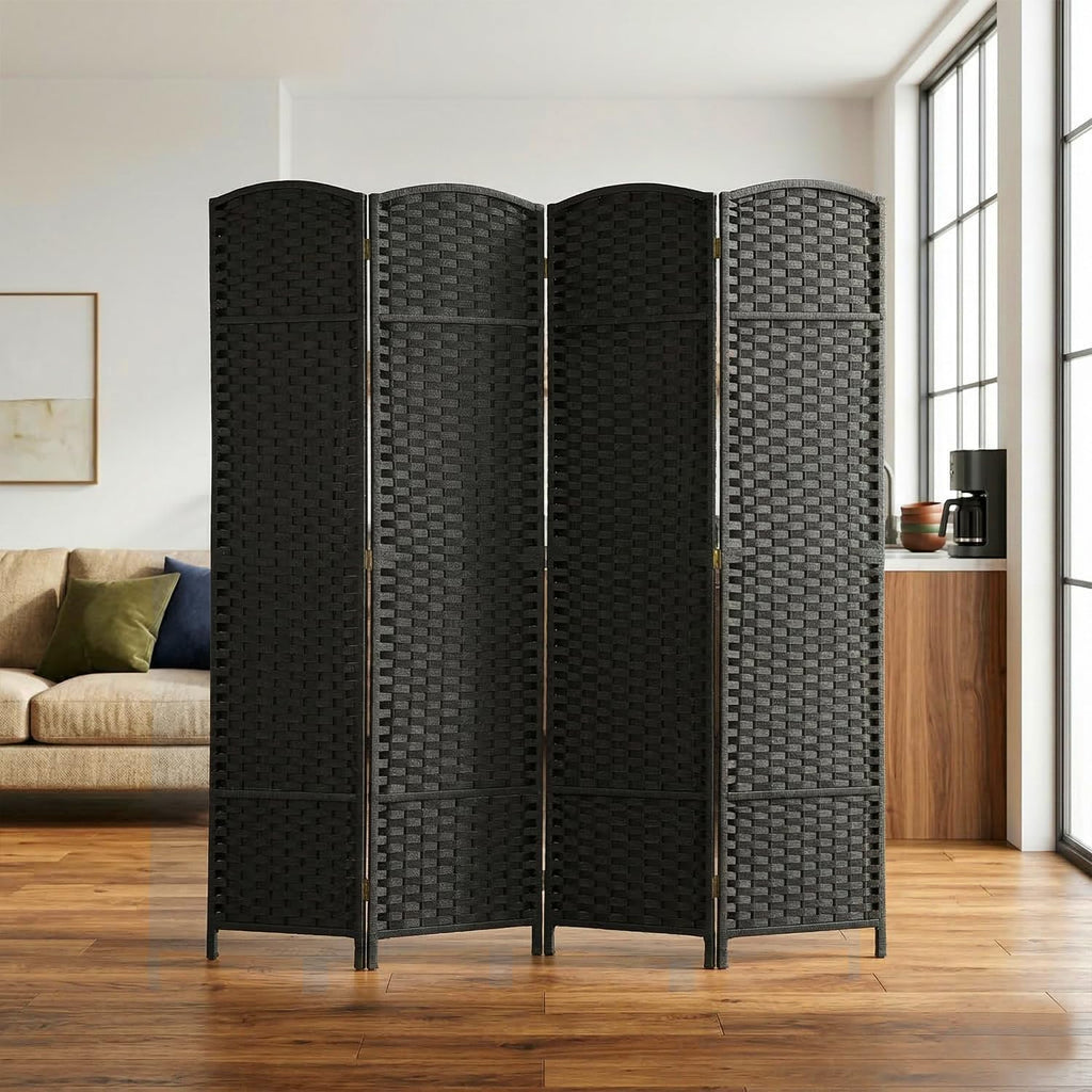 FDW Room Divider 4 Panel Screen 5.6 Ft Tall Partition Privacy Screens Folding Room Separation Free Standing Waterproof Wood Frame Wall Divider, Coal Black