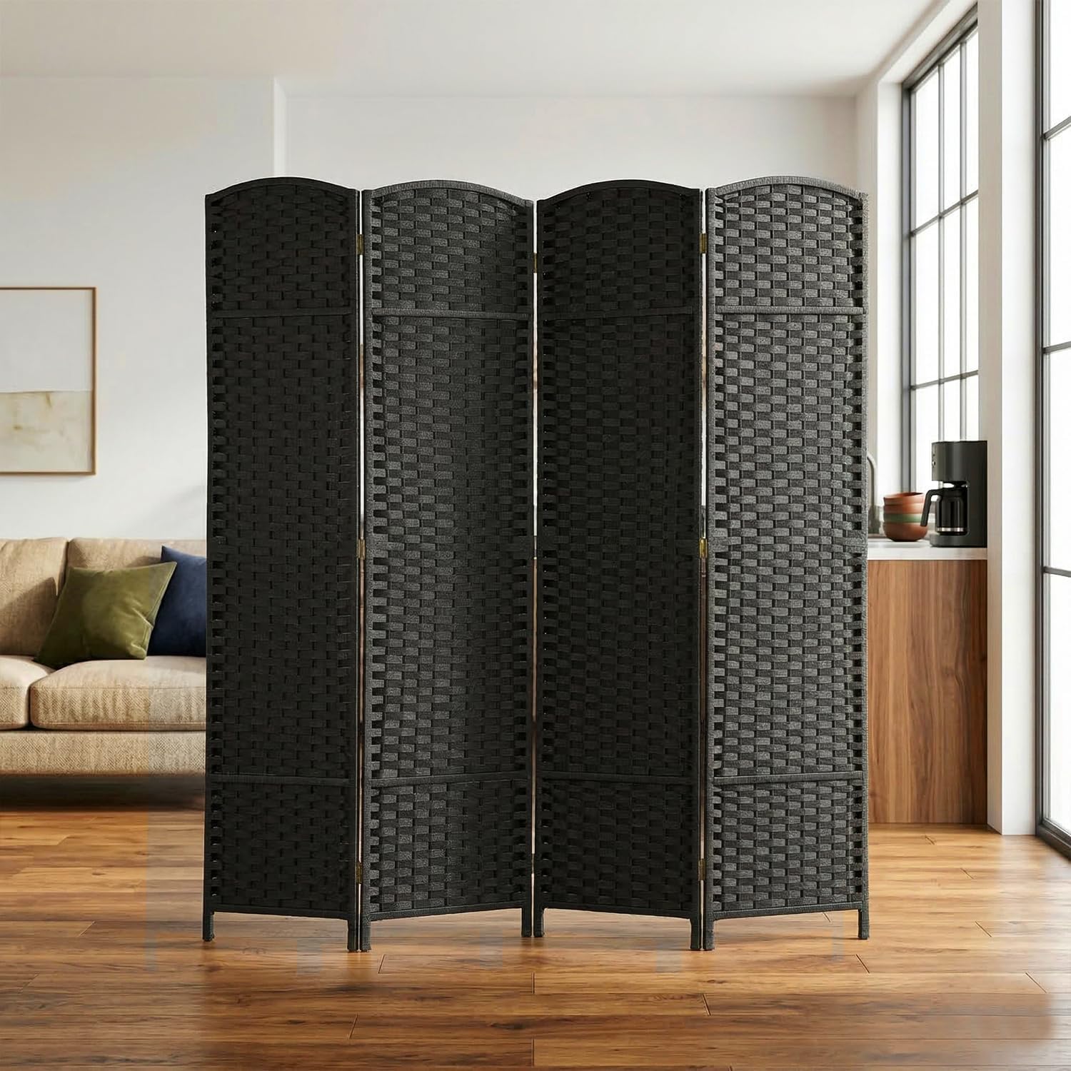 FDW Room Divider 4 Panel Screen 5.6 Ft Tall Partition Privacy Screens Folding Room Separation Free Standing Waterproof Wood Frame Wall Divider, Coal Black
