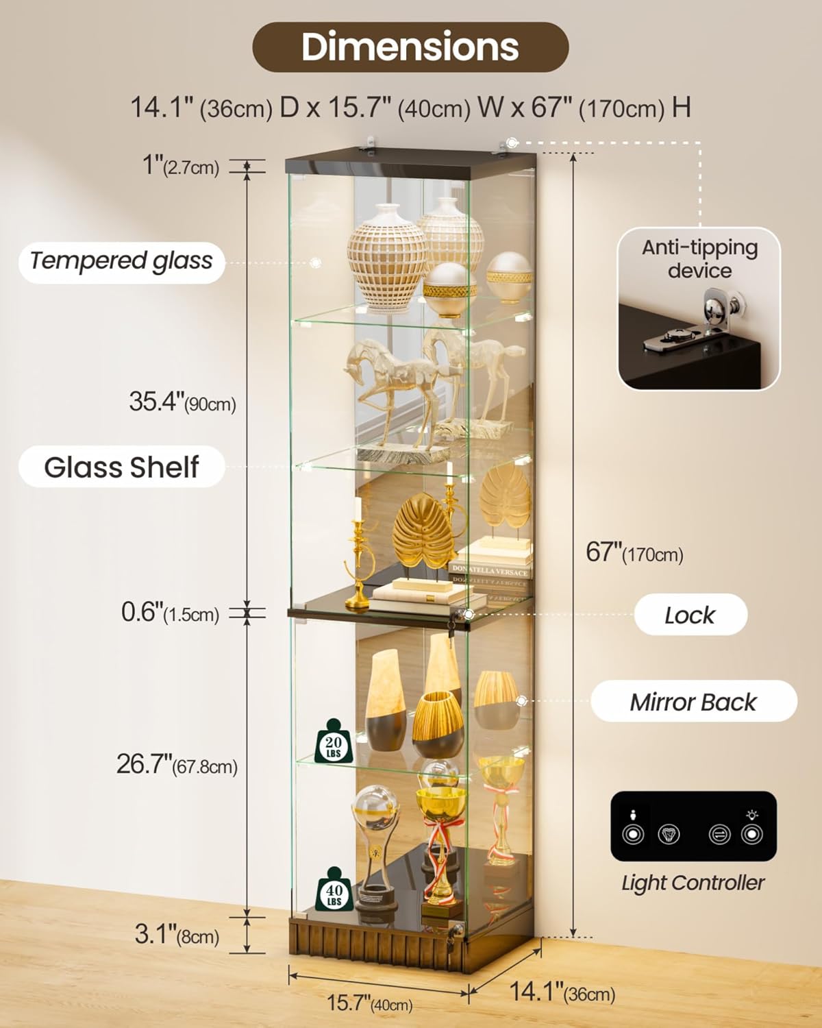 Lvifur 67''H Corner Curio Cabinet - with Glass Door, Lockable Glass Display Cabinet with RGB Motion Sensor Light, 5-Tier Figure Display Case with Removable Glass Shelf for Collectibles,Black