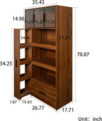 70.87″ Tall Kitchen Pantry Cabinet with Pull‑Out Multi‑Tier Shelves, Drawer & Aluminum Frame Glass Doors, Freestanding Food Hutch with Microwave Stand for Dining Room