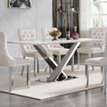 70" Faux Marble White Silver Dining Table for 6, Modern Dining Room Table with 0.71" Marble Printing MDF Top and Cross-Shaped Stainless Steel Base, Rectangular Large Kitchen Dinner Table