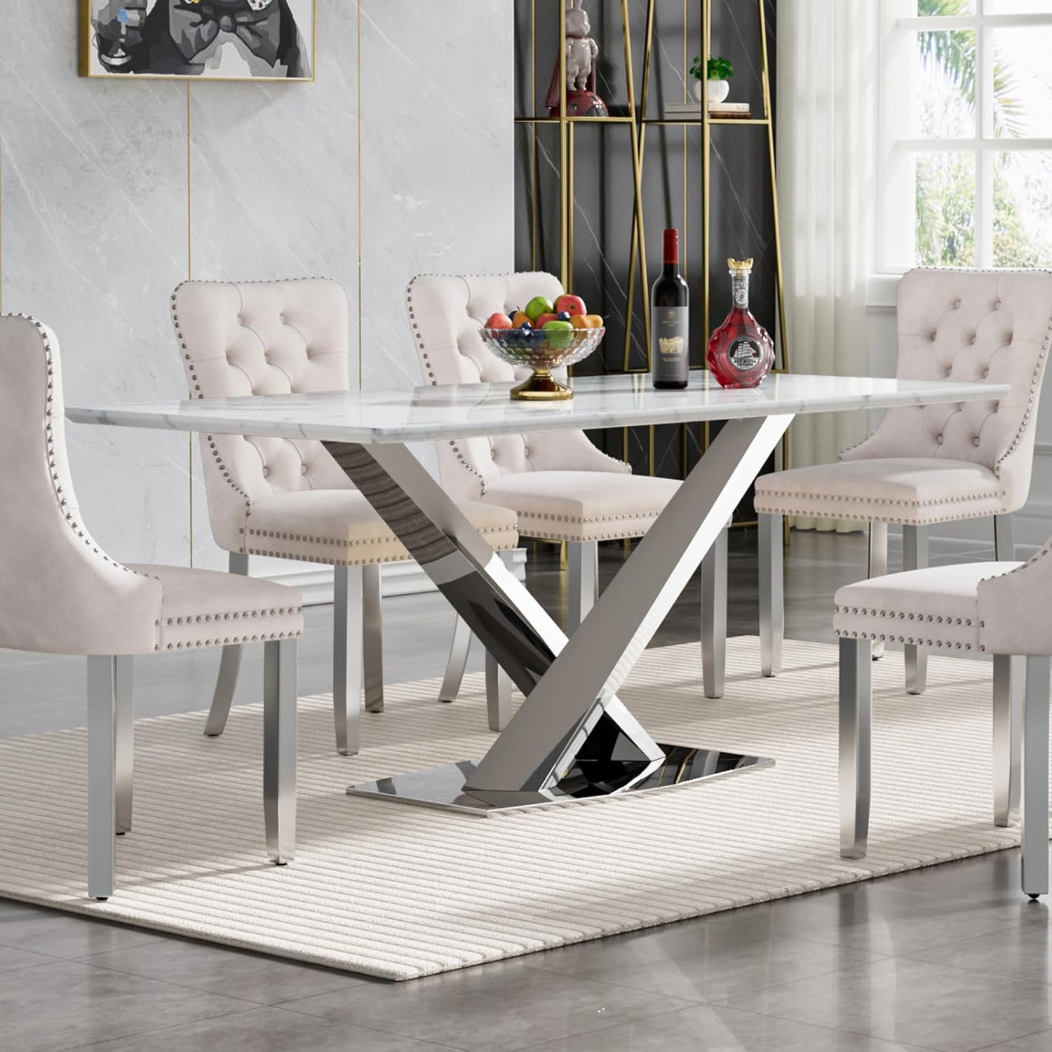 70" Faux Marble White Silver Dining Table for 6, Modern Dining Room Table with 0.71" Marble Printing MDF Top and Cross-Shaped Stainless Steel Base, Rectangular Large Kitchen Dinner Table