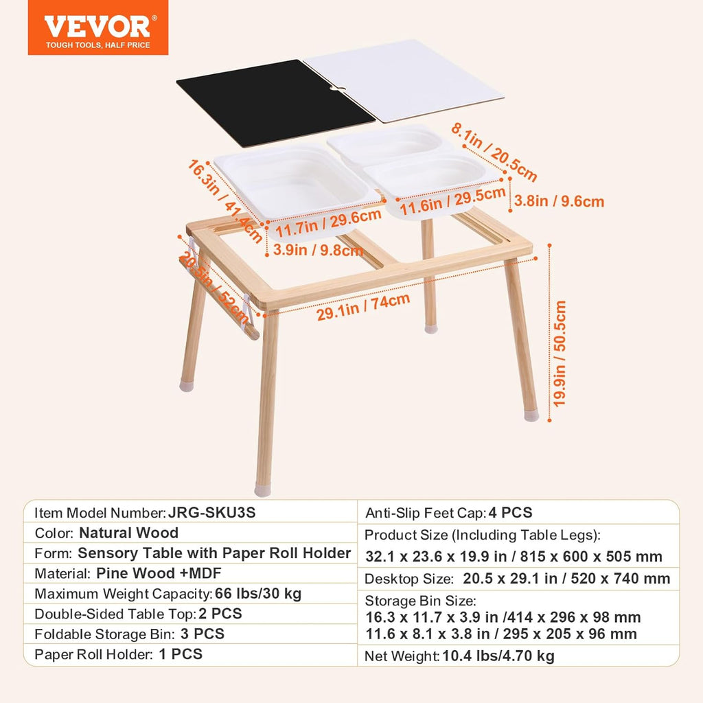 VEVOR Sensory Table for Toddlers, Activity with 3 Foldable Storage Bins, Paper Roll Holder, Indoor/Outdoor Play Sand and Water, Wooden Drawing Table, Gift for Boys Girls