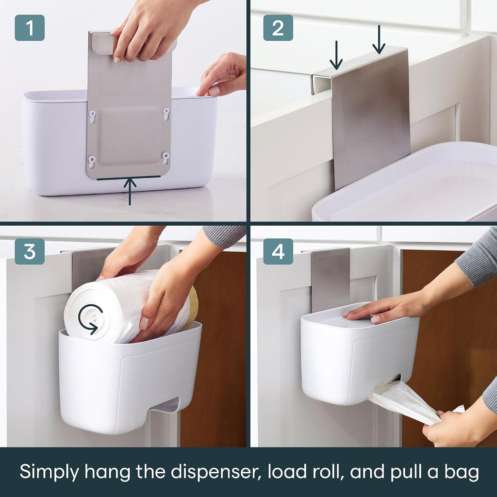 YouCopia DoorStash Garbage Bag Dispenser, Hanging Kitchen Cabinet Door Trash Bag Organizer with Removable Lid for Storage, Speckled White