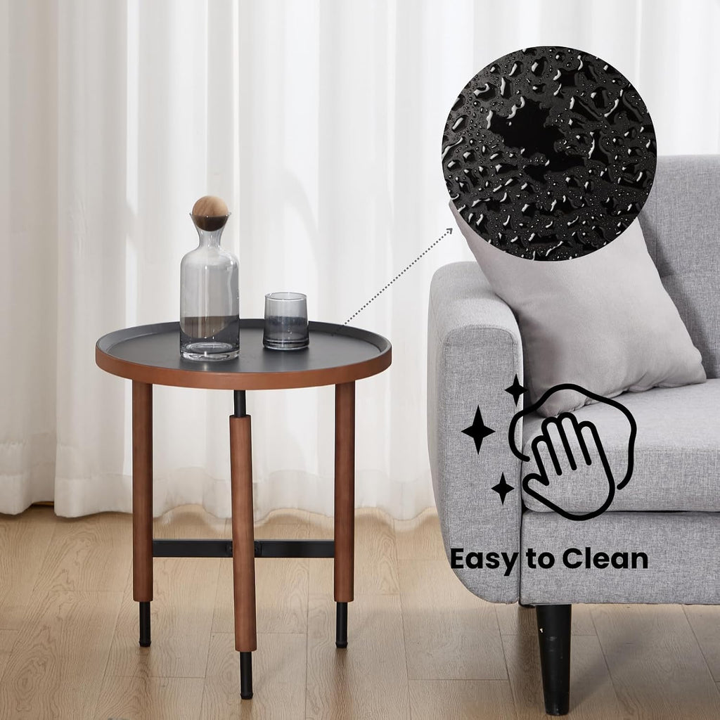 DUOMAY Modern Round Wood Side Table, 19.5'' Wide End Table with T-Shaped Metal Base, Round Tubular Iron Legs Covered with Rubber Wood for Living Room, Lounge, Office, Apartment, Black