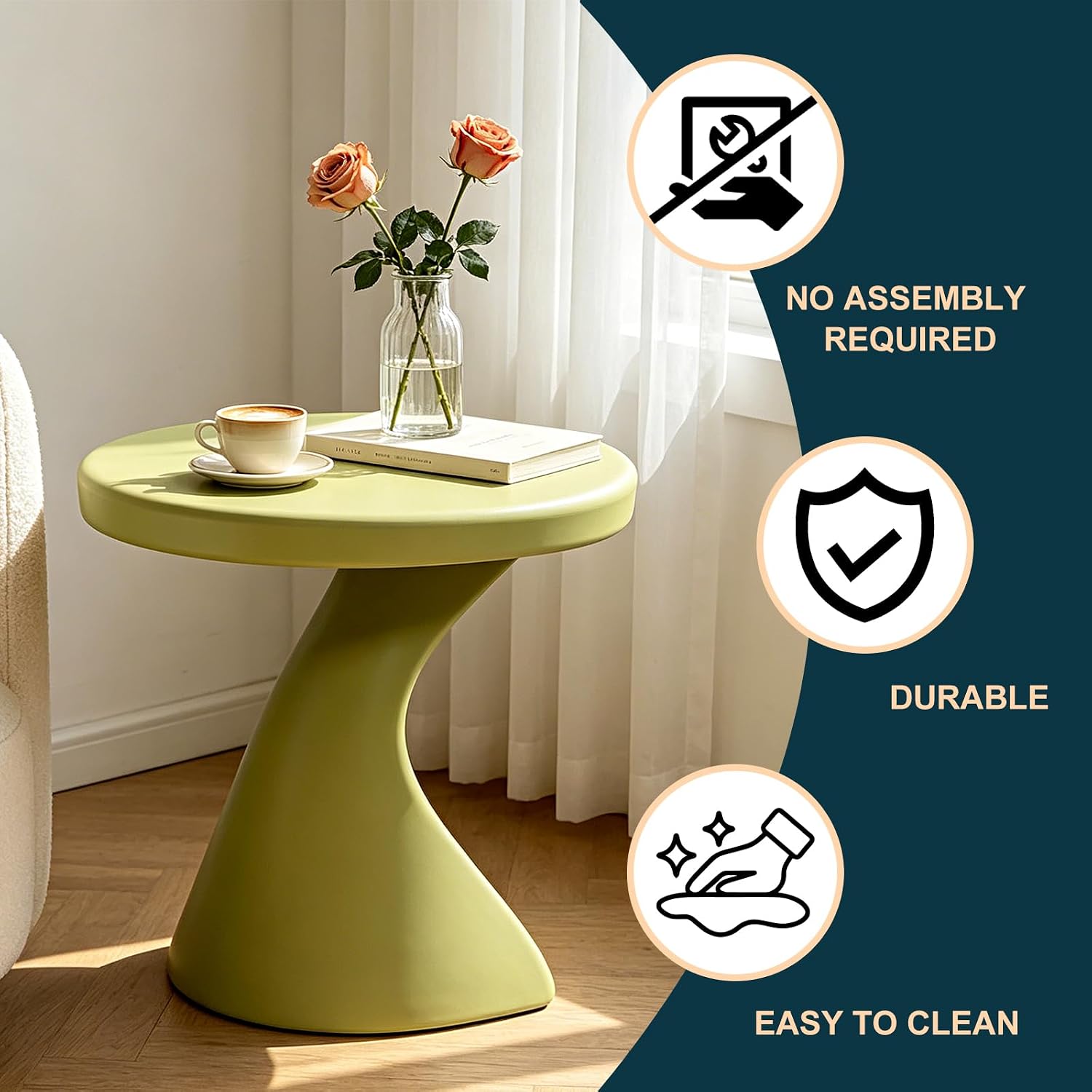 Modern Z-Shaped Round Side Table, 16 Inch Matcha Green PE Accent End Table, Sculptural Pedestal Small Coffee Table, No Assembly Indoor Outdoor Nightstand for Living Room Bedroom