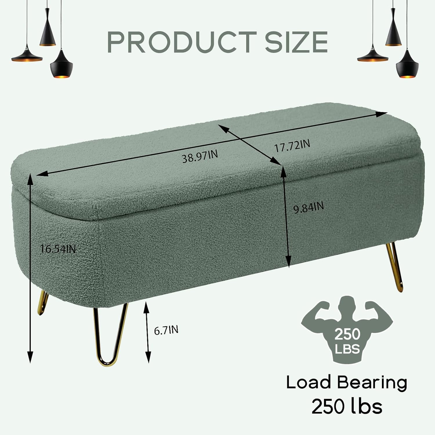 Modern Storage Ottoman Bench, Teddy Upholstered Entryway Bench with Gold Legs, Vintage End of Bed Bench with Safety Hinge, Padded Bench with Storage for Living Room, Bedroom, Entryway (Green)