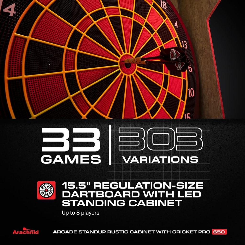 Arachnid Rustic Wood Cabinet: Freestanding LED Unit with E650 Electronic Board. Features 33 Games, 303 Variations, and 8-Player Scoring. Includes 6 Darts and Accessories for a Complete Setup.
