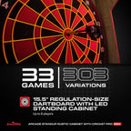 Arachnid Rustic Wood Cabinet: Freestanding LED Unit with E650 Electronic Board. Features 33 Games, 303 Variations, and 8-Player Scoring. Includes 6 Darts and Accessories for a Complete Setup.
